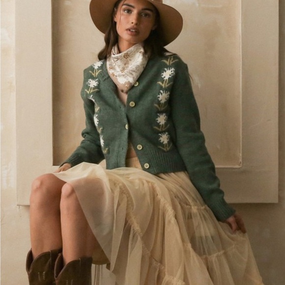 Lovely Green Embroidered Flower Detailed Button Front Cropped Cardigan - Picture 4 of 17